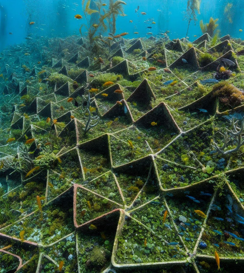 3D-printed kelp tiles interlocking across a regenerating landscape